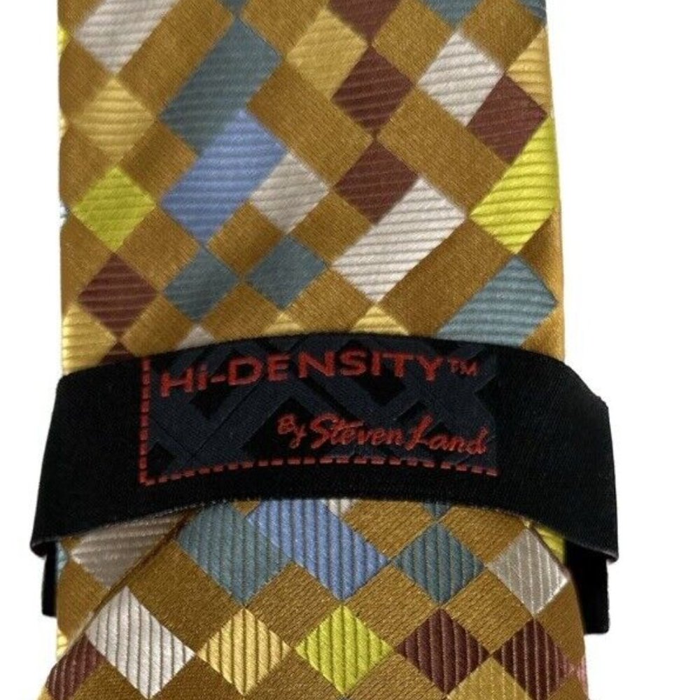 Steven Land Men's Tie & Pocket Square Gold Yellow Blue Mustard Cream Hi-Density